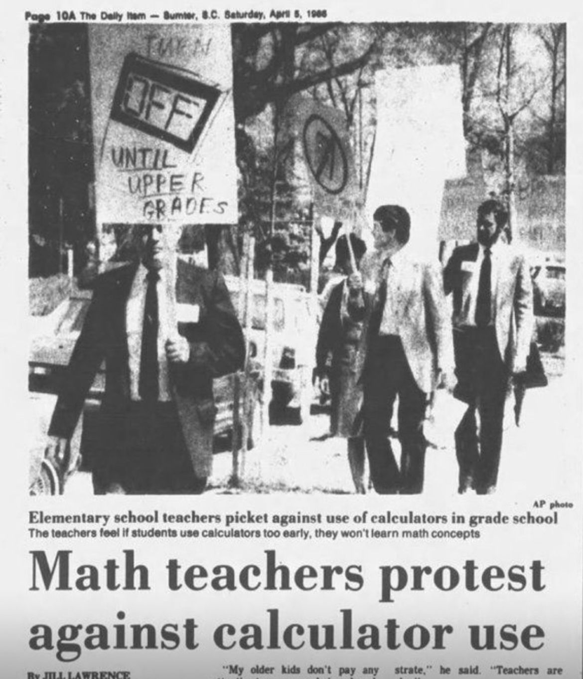 Teachers protesting against calculators in 1988